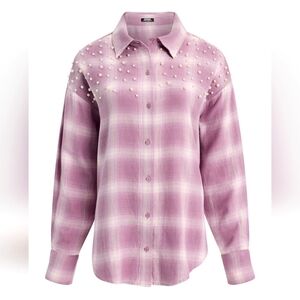 Express plaid boyfriend portofino shirt with pearls - Sz Large - ✨NWT✨